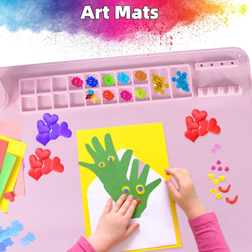 Silicone Painting Mat, 20"X16" Craft Mat,Large Art Mat Clay Mats | Paintbrush Holder, Nonslip Color Dividers Silicone Mats with Built in Cup for Painting, Table, Resin and DIY Pink - color: Pink