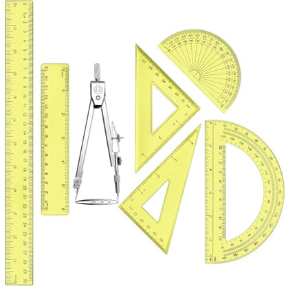 Zonon 7‑Piece Geometry Set with Drawing Compass, 6 & 4 Inch Protractors, Triangle Rulers and Straight Rulers, Transparent Math Drafting Supplies for Back to School, Students and Office Use(Yellow) - color: Yellow