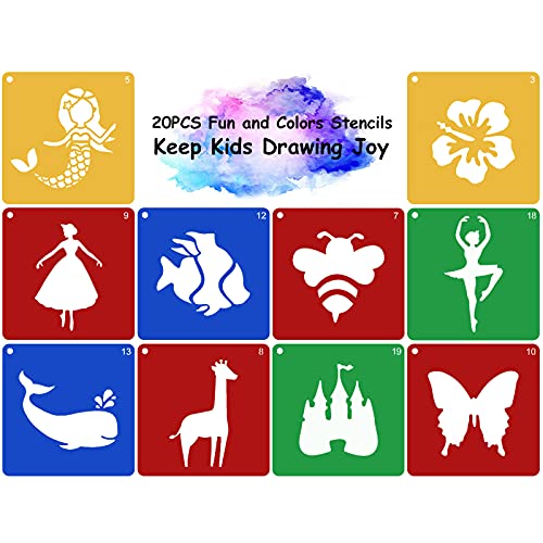 20 Pcs Stencils for Kids Stencil for Painting 8" Chalk Stencils Kids Style | Large Reusable Shape Template with 5 Pcs Scratch Paper, Sidewalk Chalk Stencil Ideal for Kids Outside Crafts Painting Drawing