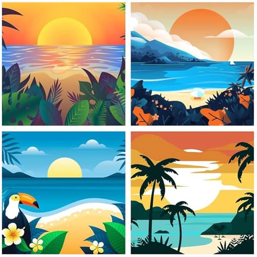 AOSGEDY 4 Pack Paint by Numbers for Adults and Kids Beginner，Landscape-Beach DIY Acrylic Painting Paint by Numbers Kits on Canvas for Kids Ages 4-8-12 Perfect for Home Wall Decor(8x8in) - color: MT11265MT11264MT11266MT11267