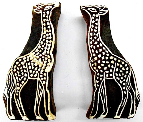 CraftsofIndia® Pair of Giraffe Wooden Blocks Stamps for Printing on Textiles, Pottery Crafts,Henna, Scrapbooking (Set of 2) - size: Pack # 106