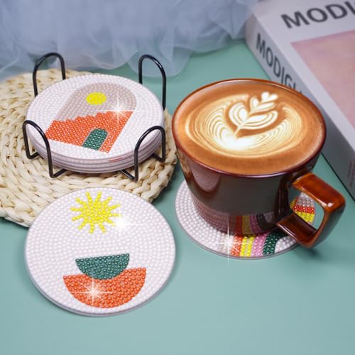 Vcekract 6 Pcs Diamond Art Coasters Kit for Adults | Diamond Painting Coasters with Holder & Protective Backing, Diamond Art Adult Crafts for Table Home Decoration - color: Sun Coasters