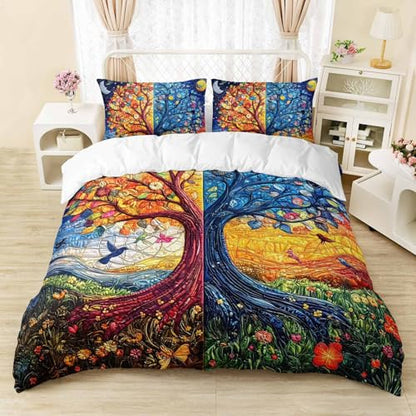AILONEN Blue Gold Tree of Life Duvet Cover Set Queen,Sun and Moon Boho Bedding Set,3 Pieces Plant Tree Quilt Cover with 2 Pillowcases - color: S-tree of Life29, size: Queen