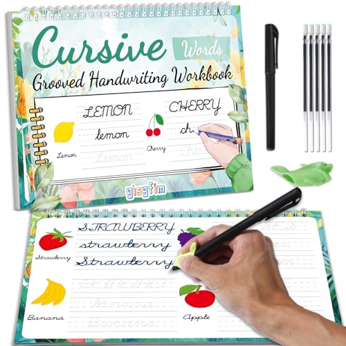 gisgfim Grooved Cursive Handwriting Workbook Magic Reusable Grooved Cursive Handwriting Practice Guided Tracing with Disappearing Ink Pens for Beginners Kids Learning Activities Supplies (Words) - style: Vocabulary