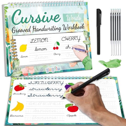 gisgfim Grooved Cursive Handwriting Workbook Magic Reusable Grooved Cursive Handwriting Practice Guided Tracing with Disappearing Ink Pens for Beginners Kids Learning Activities Supplies (Words) - style: Vocabulary