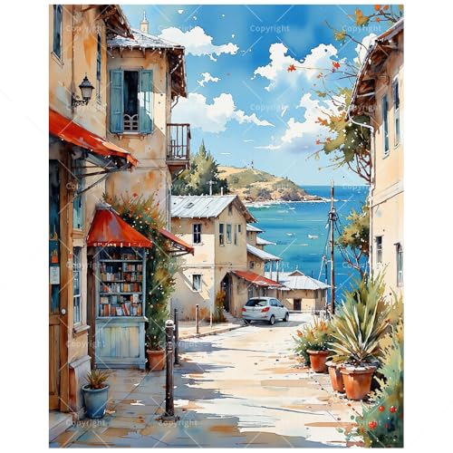 Coastal Town Paint by Numbers Kit for Adults - DIY Seaside Village Street Painting on Canvas 16x20 Inches, Acrylic Paint Set, Suitable for Beginners, Art for Home Decoration or Gifts - color: HSX00598, size: 16X20IN Folded