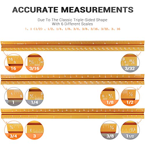 12" Architectural Scale Ruler Aluminum Architect Scale Ruler, Golden | Triangular Scale Ruler for Architects, Draftsman, Students and Engineers - color: Golden