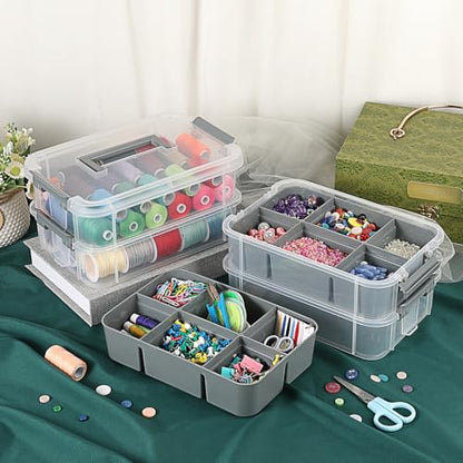 JUXYES 4-Tiers Plastic Stack Carry Storage Containers Box wih Handle Lids - color: Dark Gray