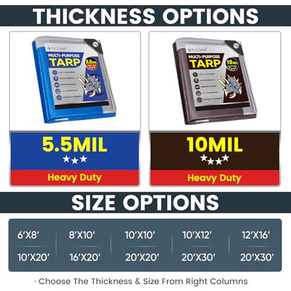 TICONN Heavy Duty Tarp Cover, Extra Thick Tarps Waterproof Tear and Rip Proof UV Resistant Tarpaulin with Reinforced Grommets and Edges (5.5 Mil/2PK, 6'x8') - color: Blue, size: 6'x8', 5.5 Mil, 2PK