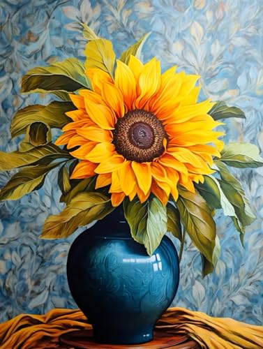 PINFFSHU 5D Diamond Art Kits for Adults Beginners, Full Drill Sunflower in Blue Vase Diamond Painting Kits DIY Gem Art Craft, Home Wall Decor, Unique Gift for Women, 12x16 Inch (30x40cm) - color: Yellow, Orange, Dark Brown, Green, Deep Blue