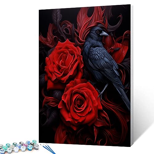 Tucocoo Red Rose and Raven DIY Paint by Number for Adults Beginners Delicate Flowers Painting by Number on Canvas with Brushes and Acrylic Pigment Dark Style Easy to Paint Without Frame 16 x 20inch - color: Artwork-04, size: 16''x20''(Frameless)