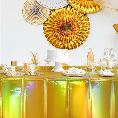 OQOQ Iridescent Gold Table Cloths (4 Packs) - 54x108 Inches New Year Gold Plastic Table Cover Disposable Tablecloth Waterproof Foil for Birthday Retirement Housewarming Graduation New Year Party - color: Gold