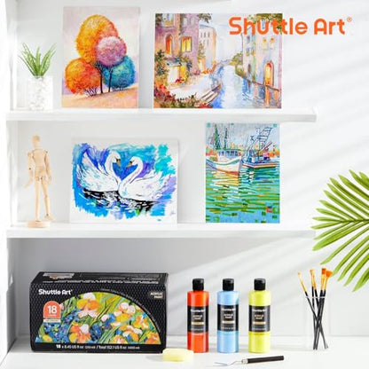 Shuttle Art Stretched Canvas and Acrylic Paint Bundle, Art Painting Supplies Set for 18 Colors Acrylic Paint Bottles (240ml/8.12oz) & 20 Pack Painting Canvas (5x7”, 8x10”)
