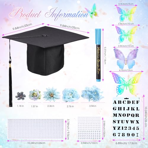 Lyrow 51 Pcs DIY Graduation Cap Decorations Kits Included Grad Cap Pens Faux Flowers Letter Number Stencils Rhinestones Stickers 3D Butterflies for Grad Hat Topper Decors Craft Art DIY(Dark Blue) - color: Dark Blue