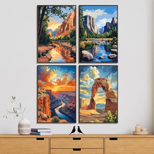 4 Pack Framed Paint by Numbers Kit for Adults National Park, Wooden Easel | With Frame, National Parks DIY Acrylic Painting, For Adults Beginner, Stress Relief Craft Kits, Home Wall Decor Gift, 8x12 IN - color: YOP4P01