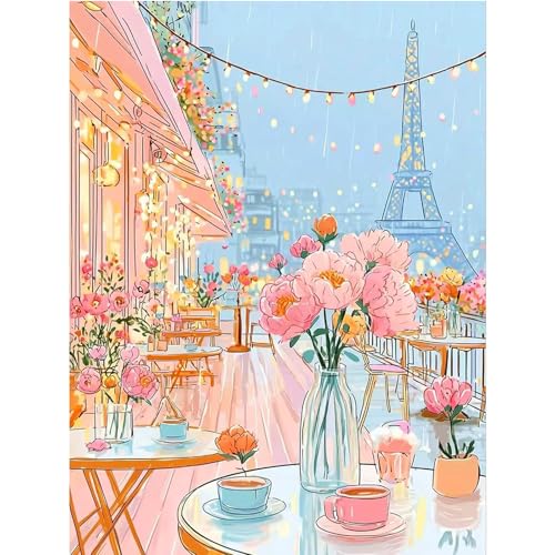 Paris EiffelTower Diamond Art Kits for Adults,Open-AirCafé Diamond painting | Diamond Art Kit for Beginners, 5D DIY Full Drill Diamond Painting Gem Art, Home Wall Art Gifts(12x16 inch) - color: DP03661