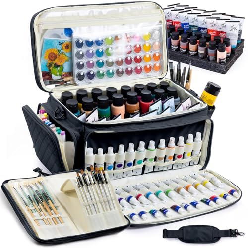 SFYBYHEART Quilted Acrylic Paint Organizer Bag with 13" Brush Holder Case, Art Supply Storage Bag with Foam Inserts for Bottles & Tubes, Large Craft Paint Organizer for Artists - color: Black