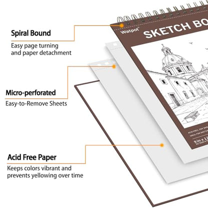 9" x 12" Hard Cover Sketch Book, Top Spiral Bound Sketch Pad, 100 Sheets 68lb/100gsm Drawing Paper, 1 Pack - size: 9" x 12" (1 Pack)