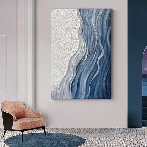 Art Hand-Painted Blue and White Texture Abstract Art Oil Painting Modern Art Oil on Canvas Large Wall Art Deco 45x30 inches - color: Yi049