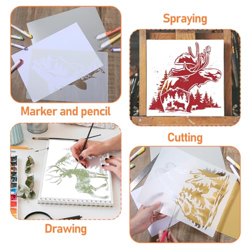 9 Pcs Animal Wood Burning Stencils - Deer, Bear, Horse, Moose, Owl, Fish, Wolf, Fence & Spray Painting Drawing Templates for Wood & Fabric DIY Crafts