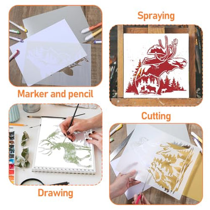 9 Pcs Animal Wood Burning Stencils - Deer, Bear, Horse, Moose, Owl, Fish, Wolf, Fence & Spray Painting Drawing Templates for Wood & Fabric DIY Crafts