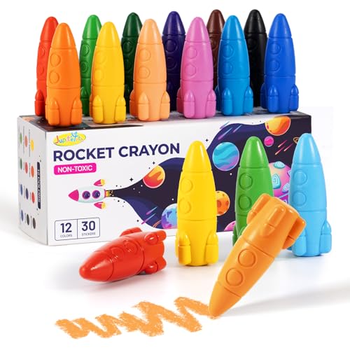 JUPITEARTH Rocket Crayons, Toddler Crayons, Non-Toxic & Washable, 12 Colors | Crayons for Toddlers 1-3, Kids Crayons Ages 2-4, Easy-to-Hold & Mess-Free Coloring Preschool Supplies