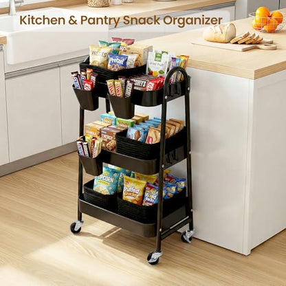 3-Tier Rolling Utility Cart with 4 Woven Baskets, Diaper Book Snack Cart, Storage Organizer for Nursery, Kitchen, Craft Room, Home SPA, Living Room, Metal Frame Trolley on Lockable Wheels, Black - color: Black