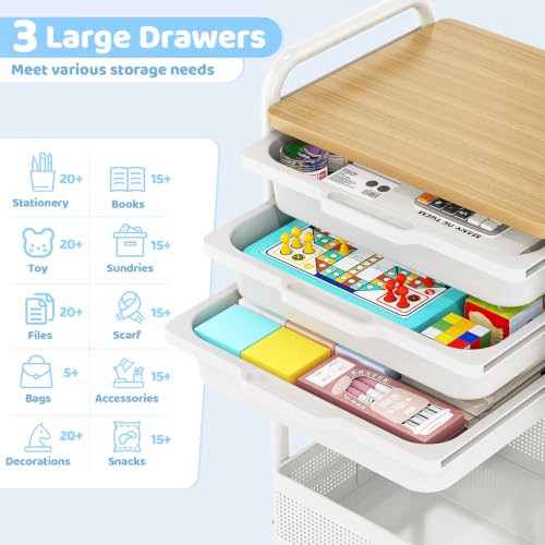 Metal Rolling Storage Cart with 3 Drawers - Utility Cart on Wheels with Pegboard & Wood Tabletop, Multifunctional Trolley Organizer with Hooks & Bin for Living Room,Bedroom,Craft Room,Office,Kids Room - color: Whtie
