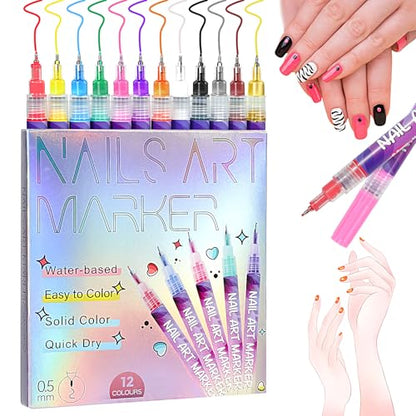 12 Colors Nail Art Pens, 0.5mm Fine Tip 3D Acrylic Polish Pen Set, Waterproof Quick-Drying Dotting Graffiti Drawing Liner Brush, DIY Nail Art Design Manicure Tools for Beginners Women Home Salon
