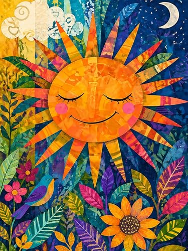 Diamond Painting Kit for Adults,5D Full Drill Colorful Sun Diamond Art | DIY Moon with Flowers and Birds Paint by Diamonds Dot Gem Art for beginners,Home Wall Decor 12x16 Inch - color: KM1189-1
