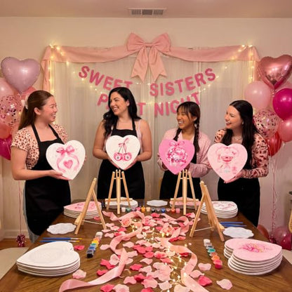 Motipuns 12 Set Pre Drawn Canvas for Painting for Adults Sip and Paint Kit with Easels 8 x 10 Inches Paint Party Kit with Printed Canvas Paints Brushes Palette Bag Apron (Pink Bow) - style: Pink Bow