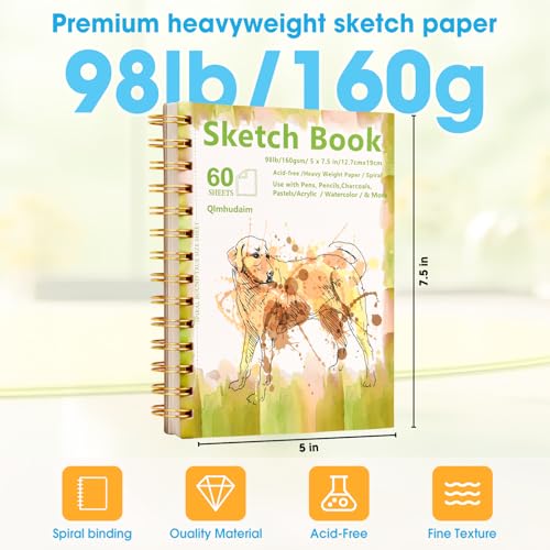 Qlmhudaim Mixed Media Sketchbook, 5"x7.5", 60 Sheets 160gsm/98lb Acid-Free Paper, Spiral Bound Sketch pad for Crayon, Marker, Color Pencil & Sketching,Multi-Medium Art Notebook for Beginners, Teens. - size: 5 x 7.5 Inches