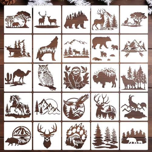Forest Animal Stencils Bear Deer Wood Burning Stencils 6" | Reusable Wildlife Mountain Pine Tree Stencil for Painting on Wood Wall Fabrics DIY Crafts - style: Forest Animal