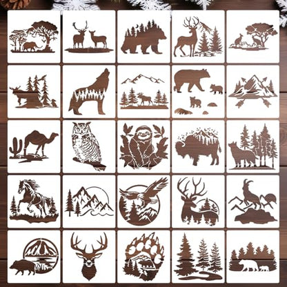 Forest Animal Stencils Bear Deer Wood Burning Stencils 6" | Reusable Wildlife Mountain Pine Tree Stencil for Painting on Wood Wall Fabrics DIY Crafts - style: Forest Animal