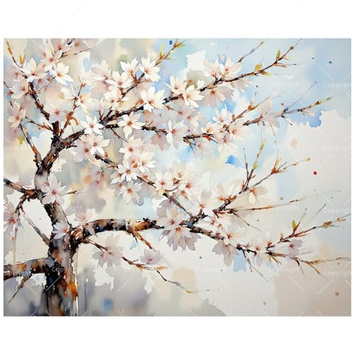 Cherry Blossom Tree Paint by Numbers Kit for Adults - DIY Spring Flowers on Branches Painting on Canvas 8x12In, Framed Acrylic Paint Set,Suitable for Beginners,Floral Art for Decoration/Gifts - color: FM04701, size: 8×12in Framed