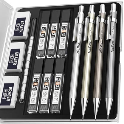 Nicpro 4 Pack Mechanical Pencil 0.7mm, MB1000 Metal Mechanical Pencil Set | 6 Tube HB #2 Lead Refill 0.7 mm, 3PCS 4B Eraser, 9 Cap Eraser, Storage Case for Artist Drafting Writing, Sketching, Drawing - style: 4 Pack （0.7mm）