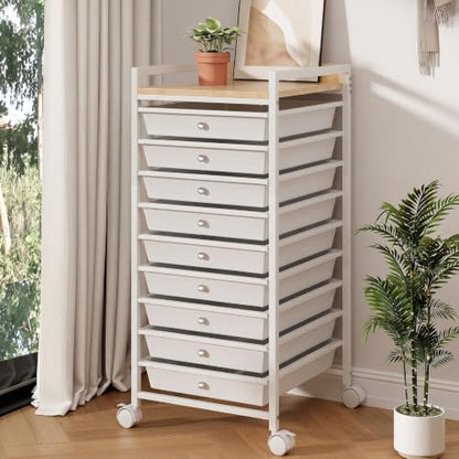 10 Tier Rolling Storage Utility Cart Organizers with 9 Drawers and Metal Fence Wooden Tabletop (White)
