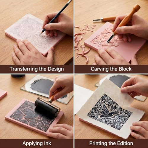 Oh Klyzo 5 Pcs Linocut Carving Tools Plus 6 Pcs 4"x6" Soft Rubber Linoleum Blocks for Printmaking Stamp Carving Wood Linocut Tools V-Shaped Chisels for Beginner Artist Block Printing Craft