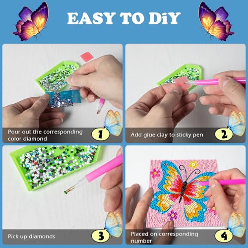 Labeol Diamond Art Kits for Kids Crafts for Girls Ages 6-8-10-12 Easy to DIY Creative Diamond Art Sticker Craft by Numbers Kits for Kids and Adult Beginners (4 Pack butterfy) - style: 4 pack butterfy