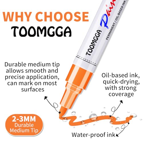 TOOMGGA 12 Orange Paint Pens Permanent Paint Markers, Oil Based Medium Tip | Marking Pens, Quick Drying, Waterproof, Fade-resistant, for Rock Painting, Car Tyre, Metal, Plastic, Canvas, Wood, Glass - color: Orange
