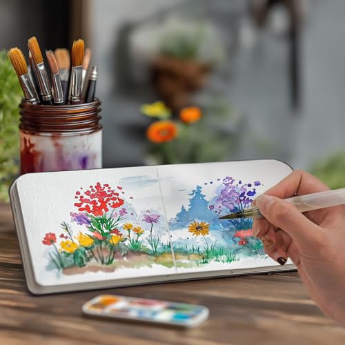 Watercolor Journal Sketchbook 3.5x5.5 24 Sheets Gray | Cotton paper, 140 LB 300 GSM, Linen cover, Tap Water Pen, Travel sketching - color: Gray, size: 3.5x 5.5 Inch