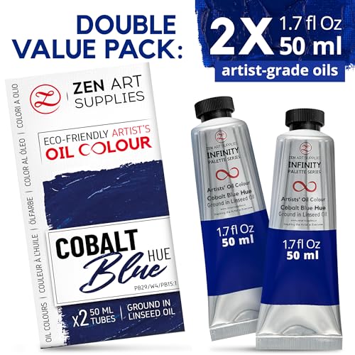 ZenART Professional Oil Paint Set - Artist Grade Cobalt Blue - 2x50ml | Non-Toxic, Buttery Consistency, Rich Pigment, Lightfast Oil Paints for Primed Surface Canvas, Fine Art, Portraits & Landscape - color: Cobalt Blue