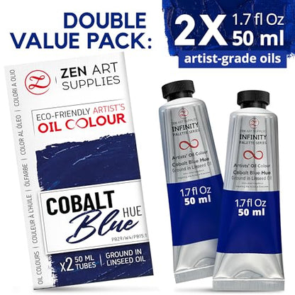 ZenART Professional Oil Paint Set - Artist Grade Cobalt Blue - 2x50ml | Non-Toxic, Buttery Consistency, Rich Pigment, Lightfast Oil Paints for Primed Surface Canvas, Fine Art, Portraits & Landscape - color: Cobalt Blue