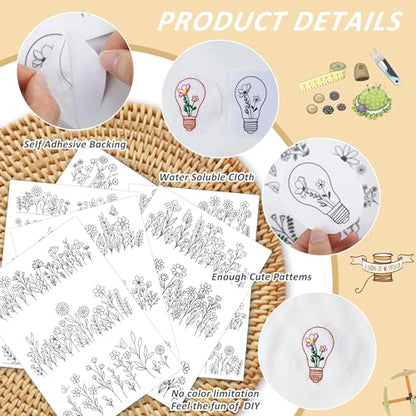 Water Soluble Stabilizer Embroidery Pattern - Flower Stick & Stitch Embroidery Paper Wash Away, Floral Frame Hand Sewing Embroider Patterns for Jean Bag T-Shirt (6 Sheets)