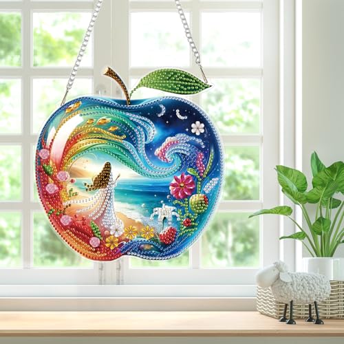 Bowetile Dreamy Apple Diamond Art Hanging Kits for Adults, Diamond Art Suncatchers Beach, 5D Special Shape Diamond Painting Fariy Pendant Window Ornament Gifts for Home Decor - color: Apple, Beach Landscape，Ocean