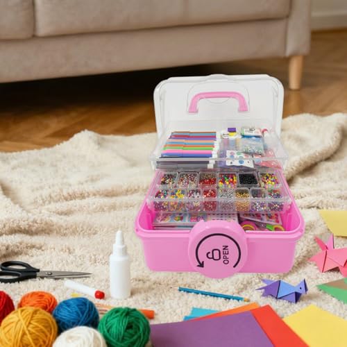 3-Layer Craft Organizer with 18 Small & 8 Mini Compartments,Pink