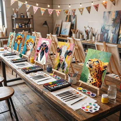Ctosree 72 Pcs Flower Animal Paint and Sip Kit for Adults 8'' x 10'' Pre Drawn Canvas for Painting DIY Pre Printed Canvas for Party Favor Acrylic Painting Kit Wood Easel Brushes Date Night Bulk - style: Flower Animal