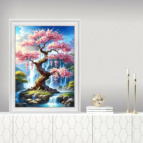 TYPUSOK Waterfall Diamond Art Kits for Adults,Round Full Drill 5D Diamond Painting Kits for Beginners,Cherry Blossoms DIY Diamond Dots Pictures Gem Art Kit,Home Wall Decor 12x16in - color: Tree