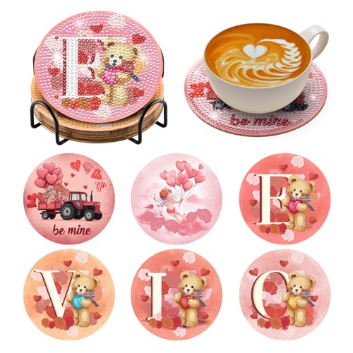 Zynlio Valentine's Day Diamond Art Coasters Kit with Holder,Pink Sweet Love Diamond Painting Coasters with Cork Bases,DIY Round Drill Gem Painting Art Crafts for Holiday Gifts - color: valentine 2