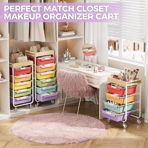 SYKIARIOL Utility Cart with 5 Labeling Drawers and Wooden Tabletop - color: Jelly Bean Color, size: 5-Drawer